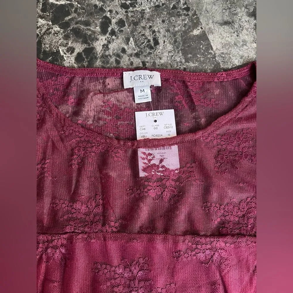 J Crew Womens Shirt Floral Lace Stretch Lace Lined Top Burgundy Slim Fit Large